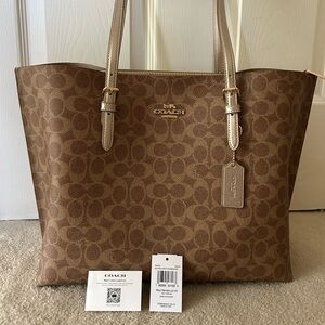 NWT Authentic Coach Mollie Tote Signature Canvas Pearlized Leather